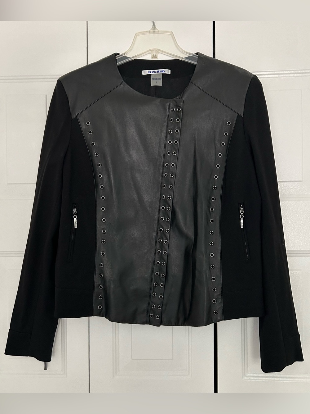 NWOT Stunning Nygard Black Faux Leather/Poly, Moto, Biker Jacket, Cross Zip, L